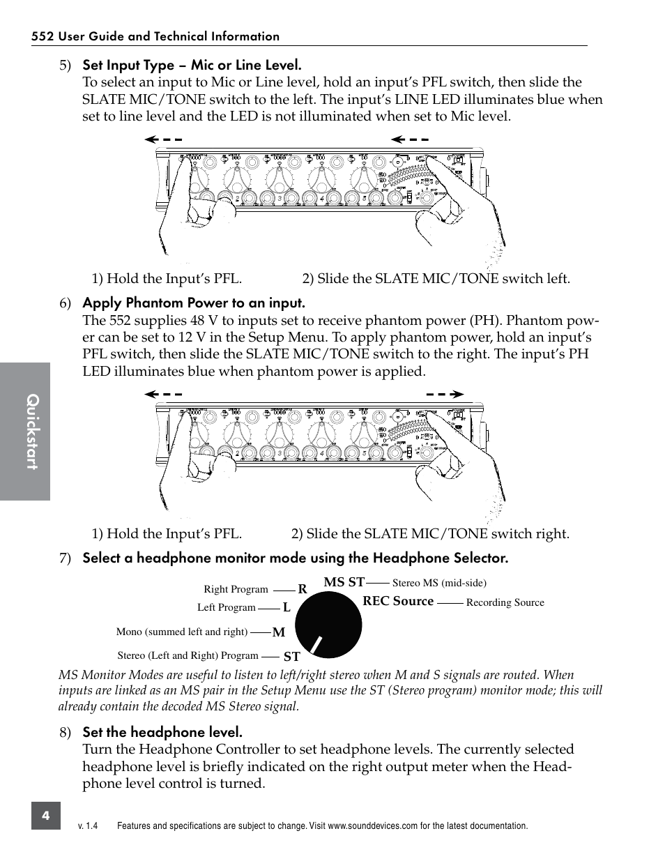 Quic ks tar t | Sound Devices 552 User Manual | Page 8 / 60