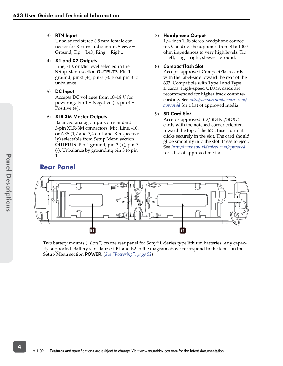 Rear panel, Panel descr ip tions | Sound Devices 633 User Manual | Page 10 / 84