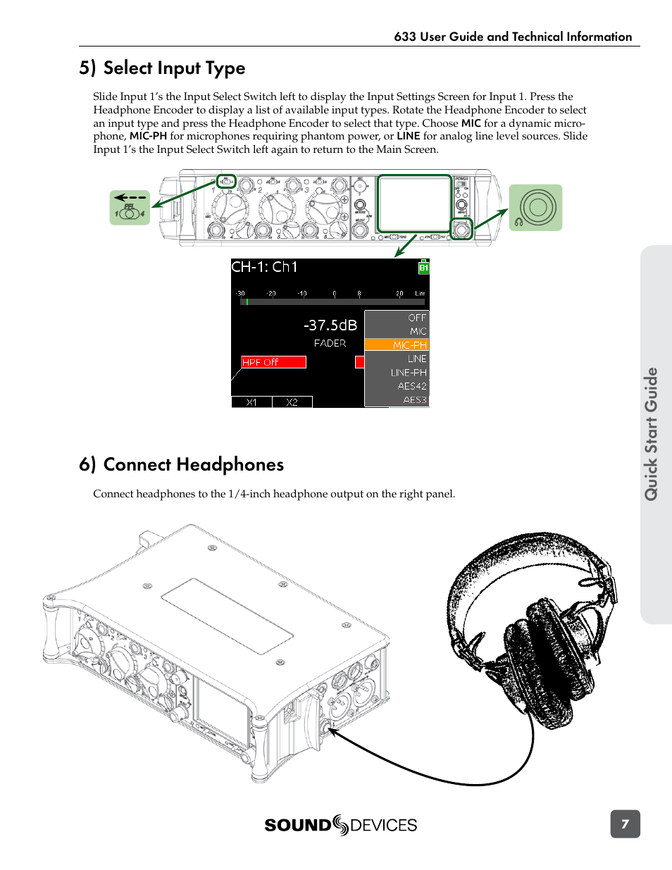 5) select input type, 6) connect headphones, Quic k s tar t guide | Sound Devices 633 User Manual | Page 13 / 84