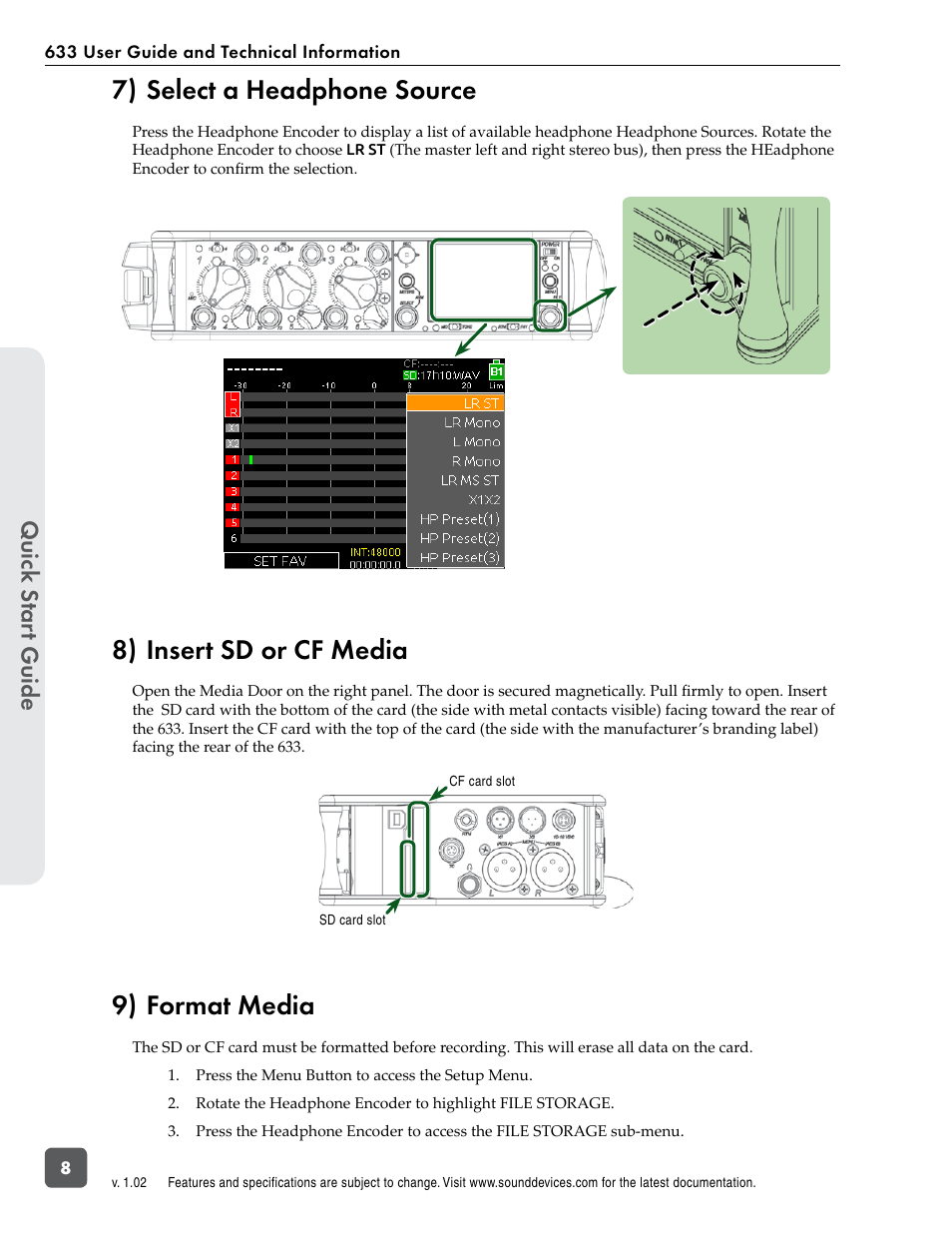7) select a headphone source, 8) insert sd or cf media, 9) format media | Quic k s tar t guide | Sound Devices 633 User Manual | Page 14 / 84