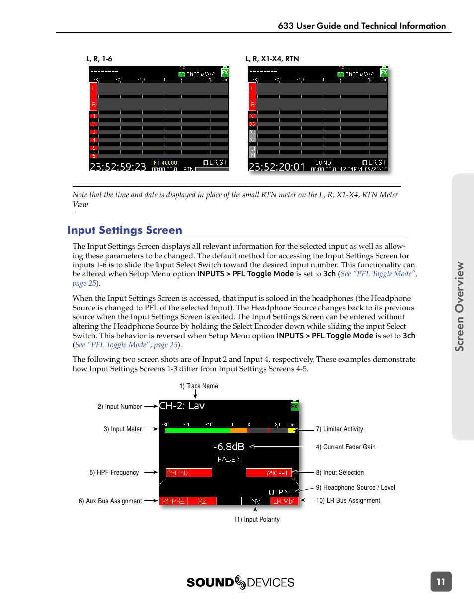 Input settings screen, L, r, 1-6, L, r, x1-x4, rtn | L, r, 1-6 l, r, x1-x4, rtn, Scr een ov er vie w | Sound Devices 633 User Manual | Page 17 / 84