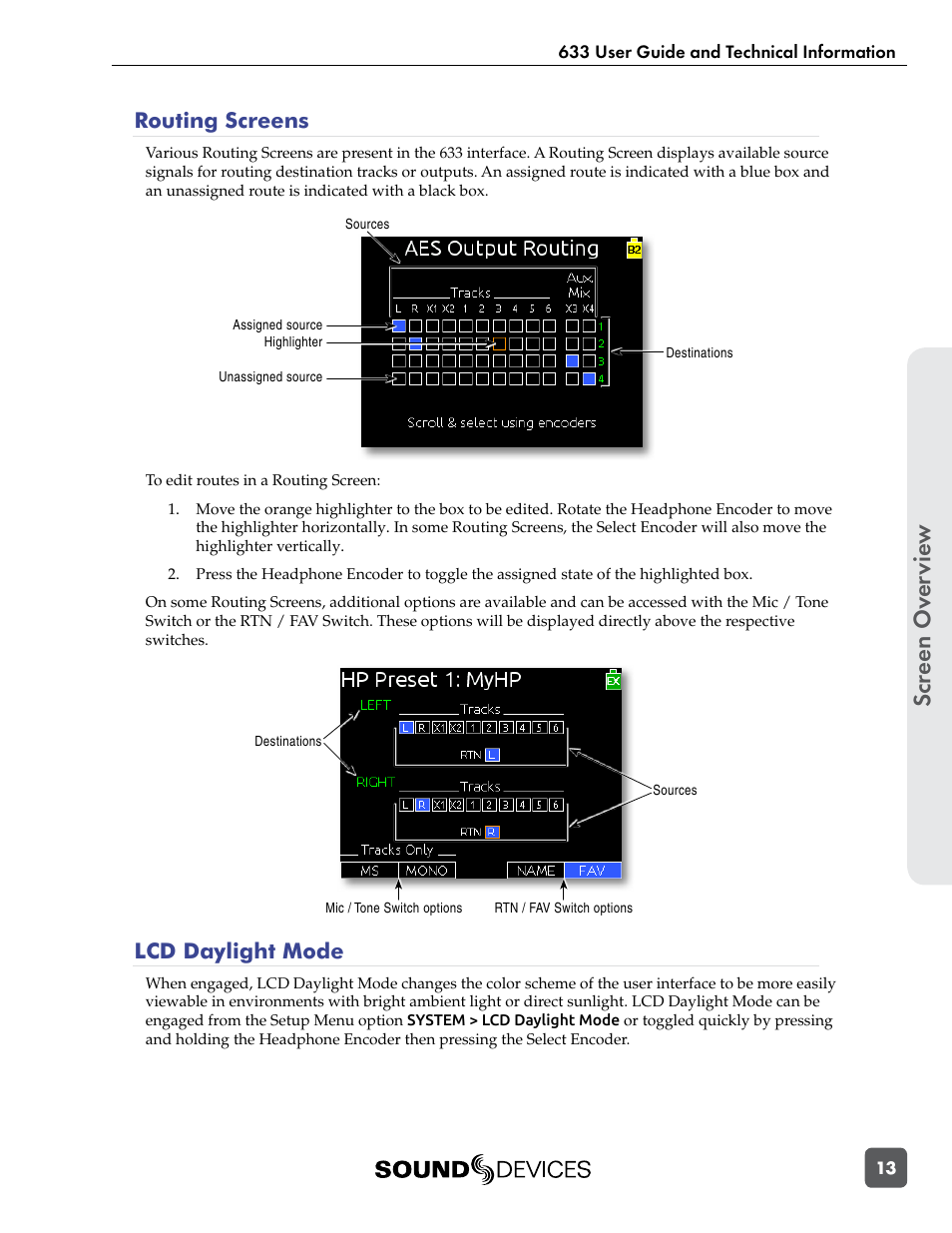 Routing screens, Lcd daylight mode, Routing screens lcd daylight mode | Scr een ov er vie w | Sound Devices 633 User Manual | Page 19 / 84