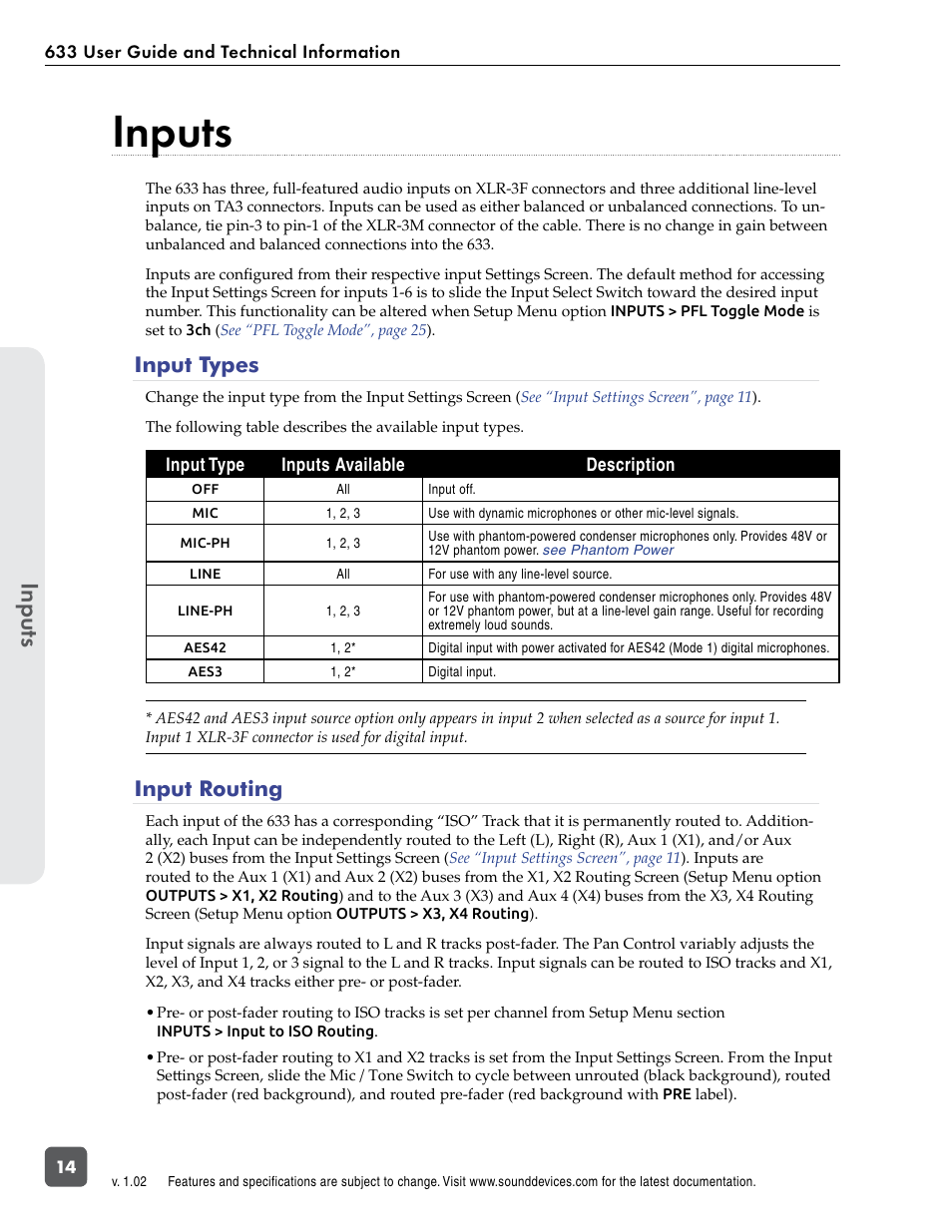 Inputs, Input types, Input routing | Input types input routing, See “input routing, Selection, Ound | Sound Devices 633 User Manual | Page 20 / 84
