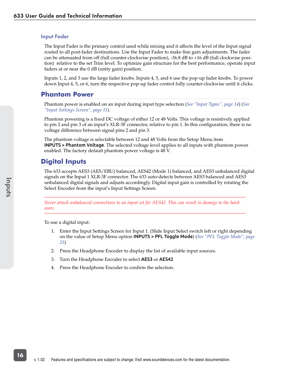 Input fader, Phantom power, Digital inputs | Phantom power digital inputs | Sound Devices 633 User Manual | Page 22 / 84