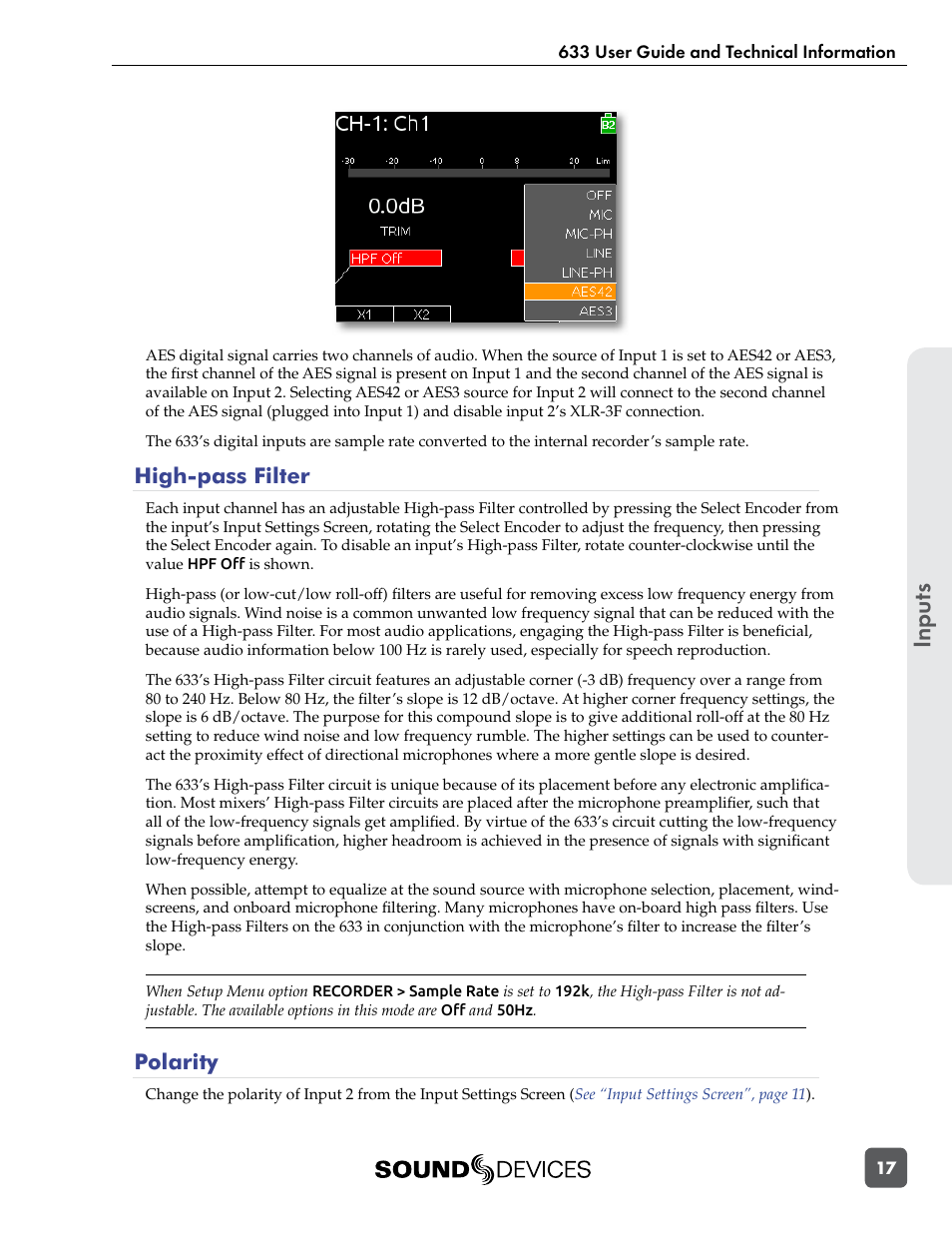 High-pass filter, Polarity, High-pass filter polarity | See “high-pass filter | Sound Devices 633 User Manual | Page 23 / 84