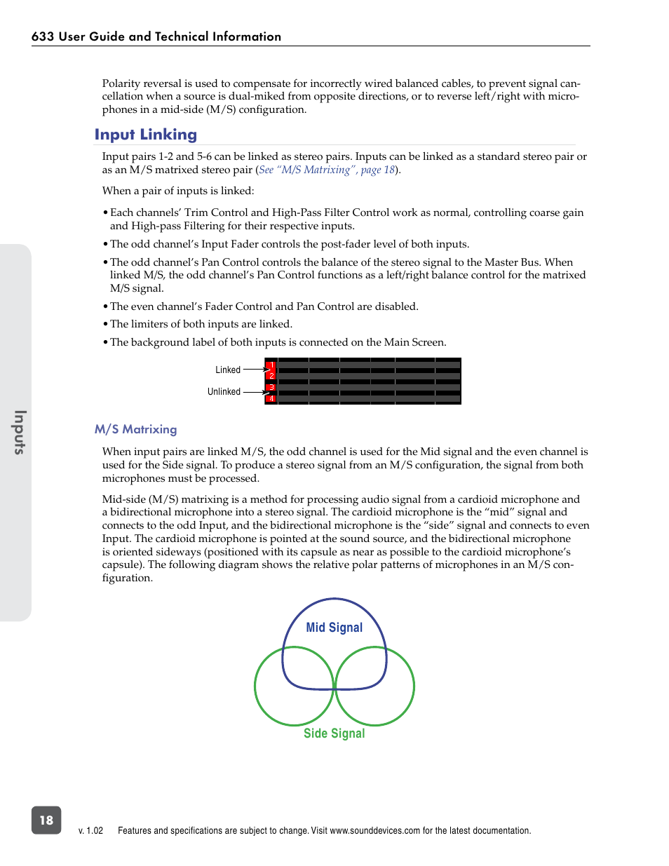 Input linking, M/s matrixing | Sound Devices 633 User Manual | Page 24 / 84