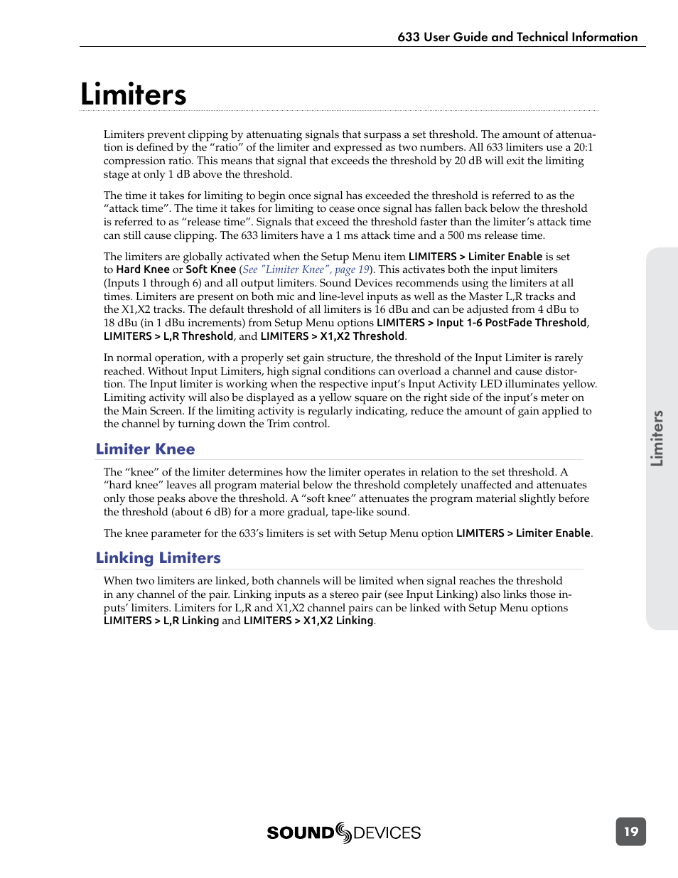 Limiters, Limiter knee, Linking limiters | Input, Limit er s | Sound Devices 633 User Manual | Page 25 / 84