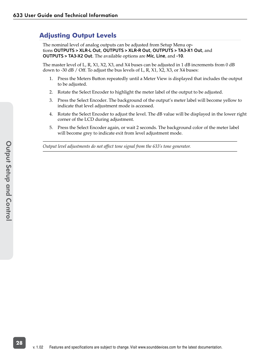 Output se tup and contr ol, Adjusting output levels | Sound Devices 633 User Manual | Page 34 / 84