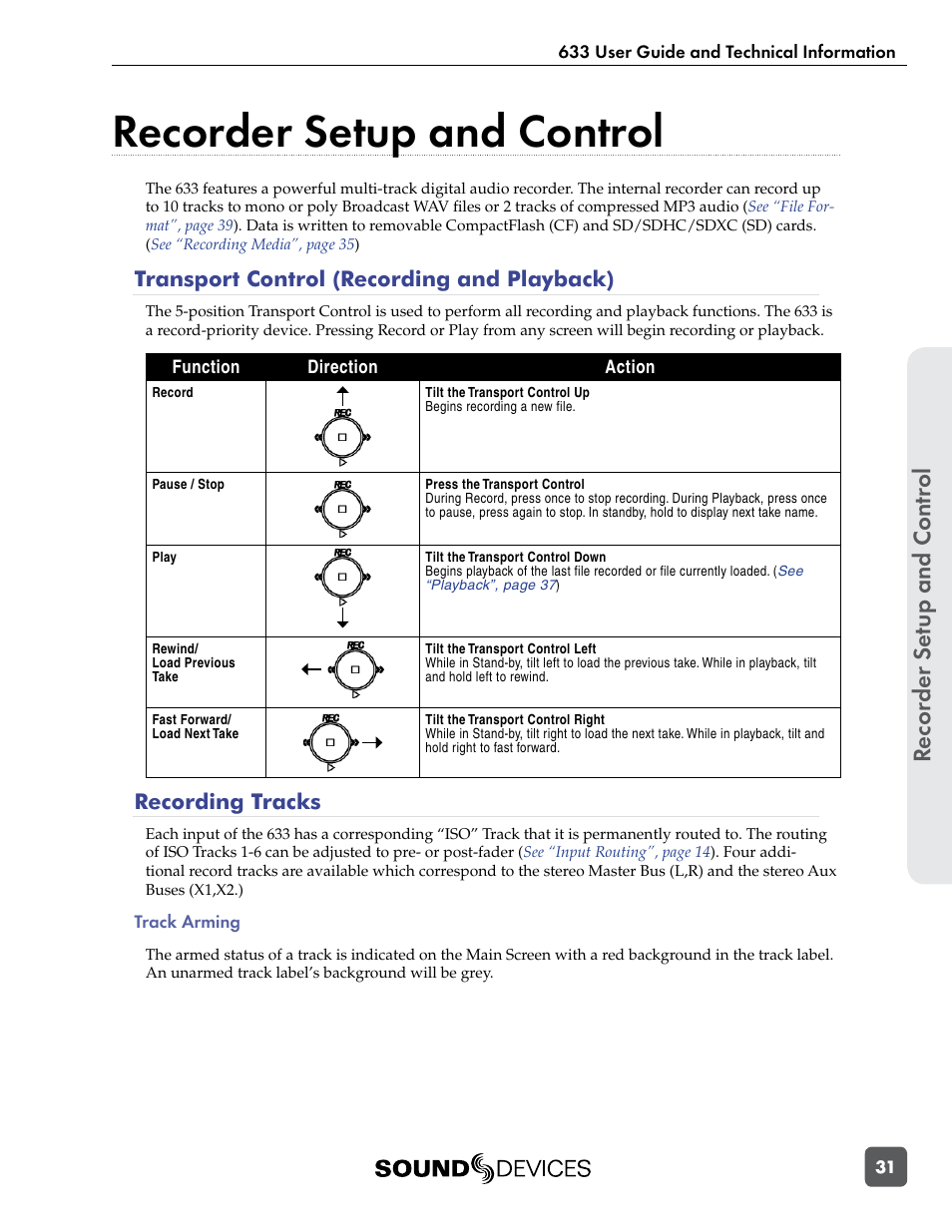 Recorder setup and control, Transport control (recording and playback), Recording tracks | Track arming, Recor der se tup and contr ol | Sound Devices 633 User Manual | Page 37 / 84