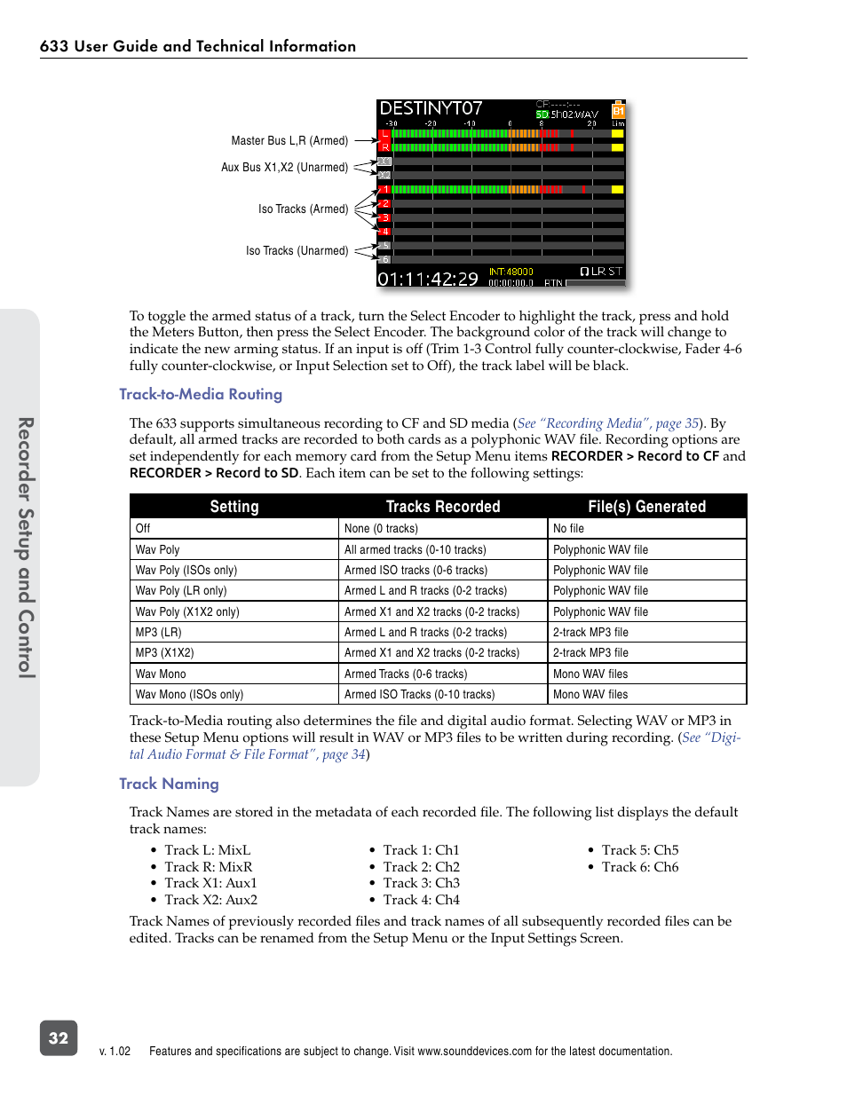 Track-to-media routing, Track naming, Track-to-media routing track naming | See “track nam, Recor der se tup and contr ol | Sound Devices 633 User Manual | Page 38 / 84