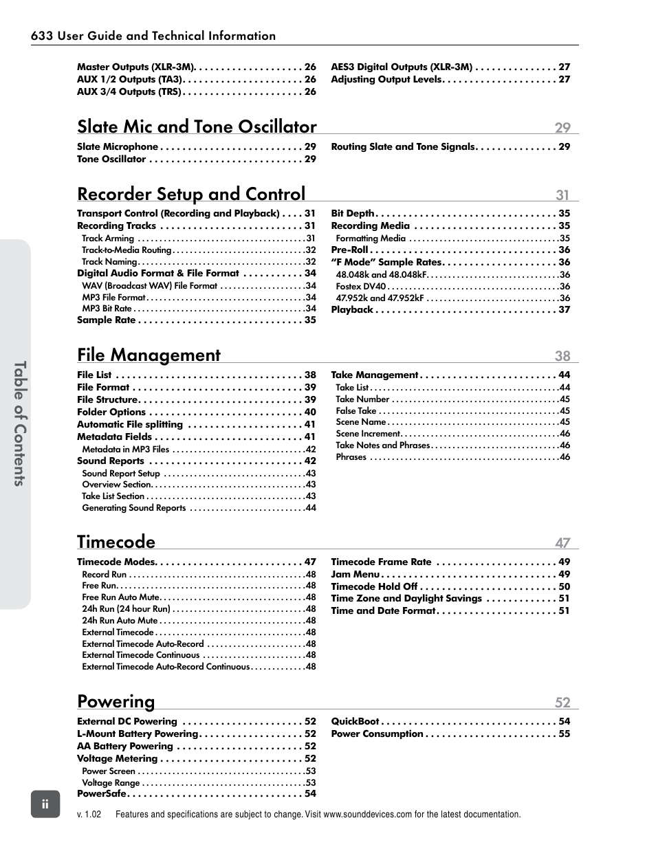 Slate mic and tone oscillator, Recorder setup and control, File management | Timecode, Powering, Table of cont ents | Sound Devices 633 User Manual | Page 4 / 84