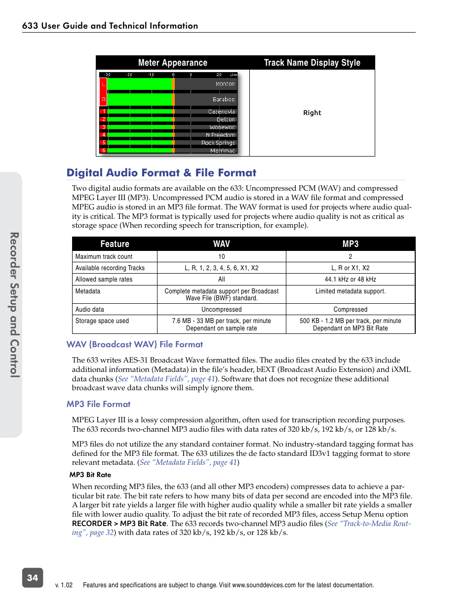 Digital audio format & file format, Wav (broadcast wav) file format, Mp3 file format | Mp3 bit rate, Ding, See “digi, Recor der se tup and contr ol | Sound Devices 633 User Manual | Page 40 / 84