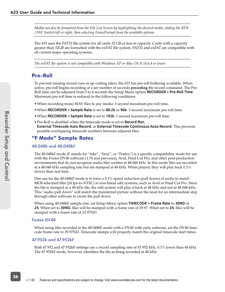Pre-roll, F mode” sample rates, 048k and 48.048kf | Fostex dv40, 952k and 47.952kf, Pre-roll “f mode” sample rates, Recor der se tup and contr ol | Sound Devices 633 User Manual | Page 42 / 84