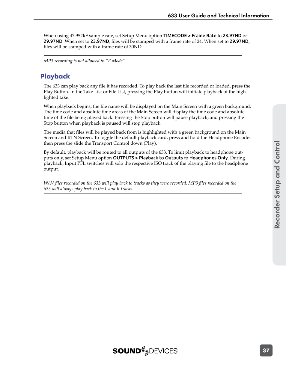 Playback, Recor der se tup and contr ol | Sound Devices 633 User Manual | Page 43 / 84
