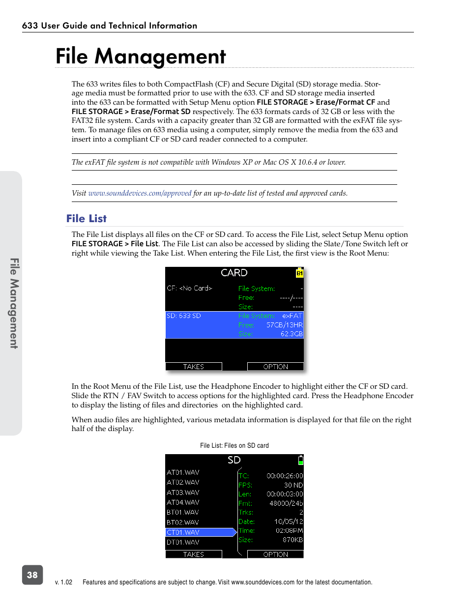 File management, File list, File manag ement | Sound Devices 633 User Manual | Page 44 / 84