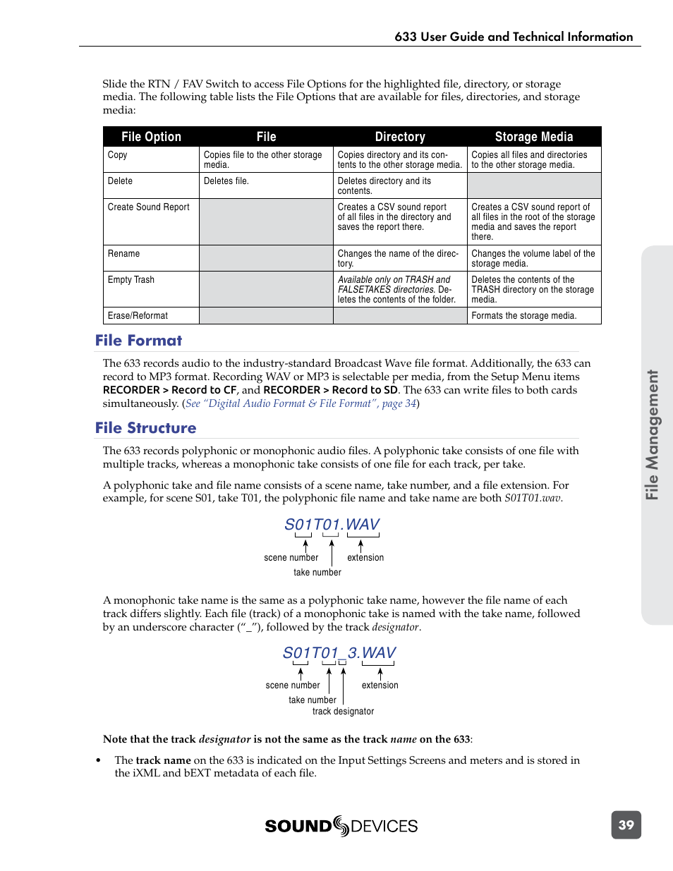 File format, File structure, File format file structure | Mp3 audio, See “file for, Data is written to r, File manag ement, S01t01.wav | Sound Devices 633 User Manual | Page 45 / 84