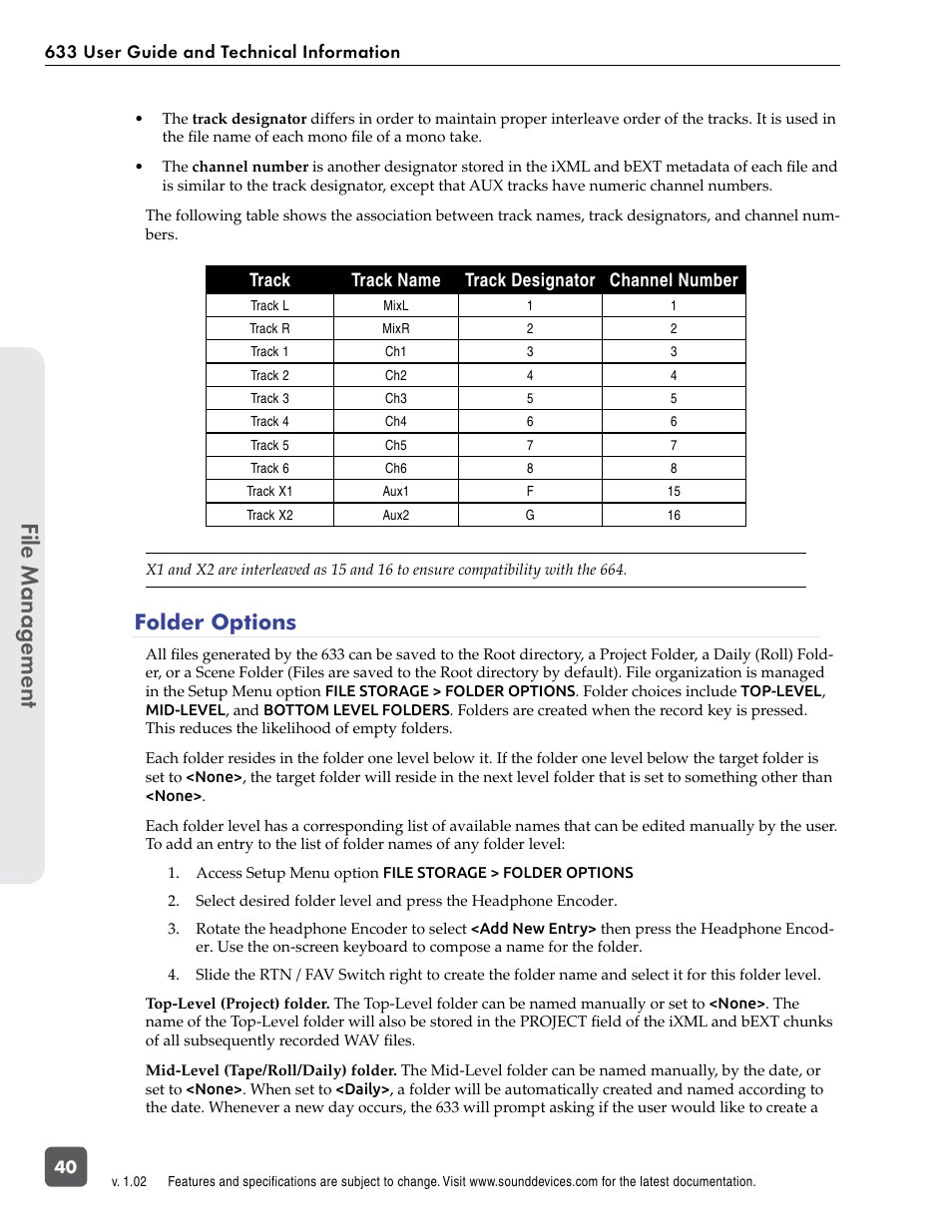 Folder options, File manag ement | Sound Devices 633 User Manual | Page 46 / 84