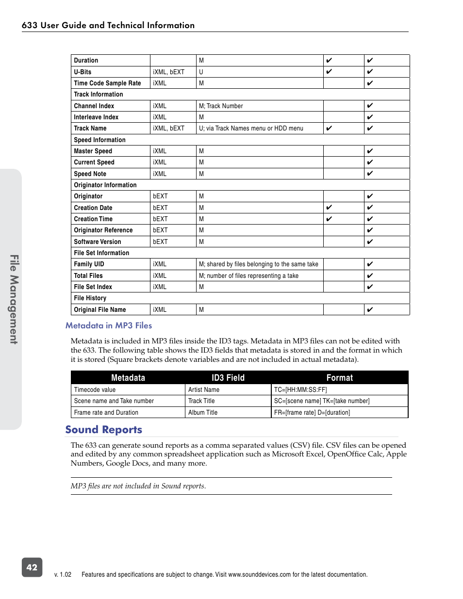 Metadata in mp3 files, Sound reports, File manag ement | Sound Devices 633 User Manual | Page 48 / 84