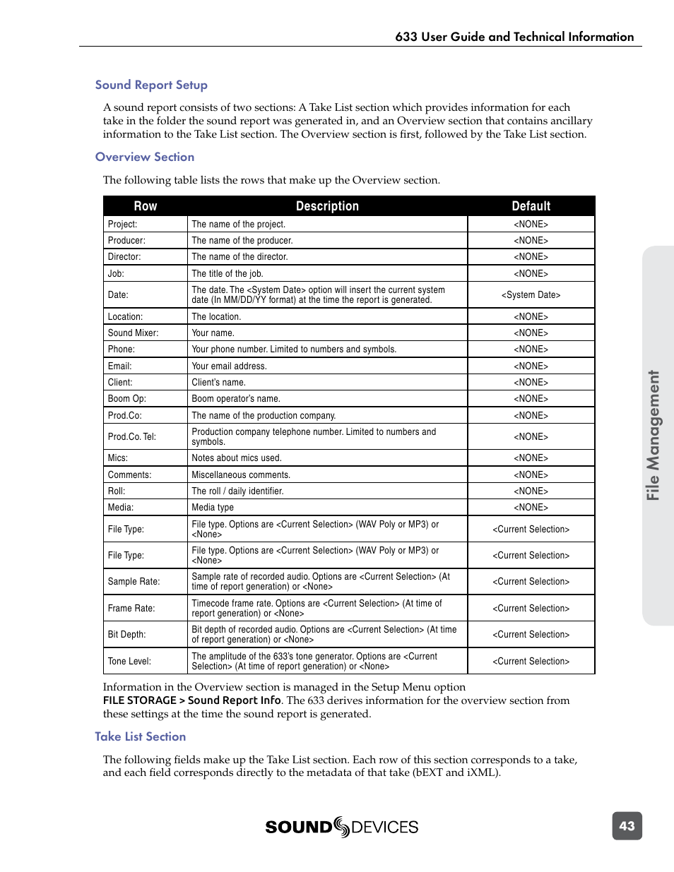 Sound report setup, Overview section, Take list section | File manag ement | Sound Devices 633 User Manual | Page 49 / 84