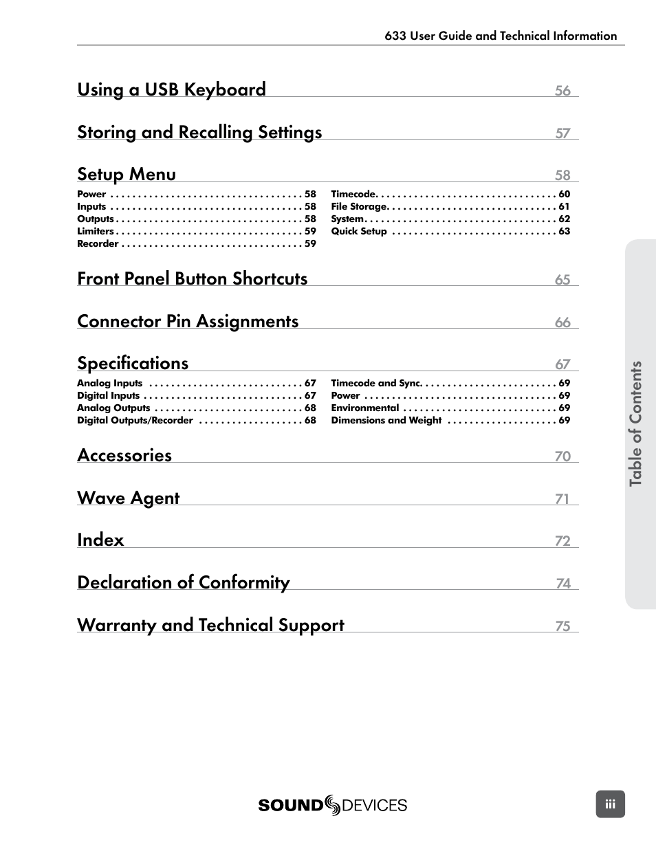 Using a usb keyboard, Storing and recalling settings, Setup menu | Front panel button shortcuts, Connector pin assignments, Specifications, Accessories, Wave agent, Index, Declaration of conformity | Sound Devices 633 User Manual | Page 5 / 84