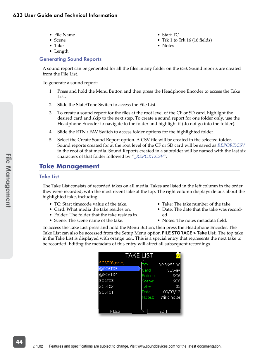 Generating sound reports, Take management, Take list | File manag ement | Sound Devices 633 User Manual | Page 50 / 84