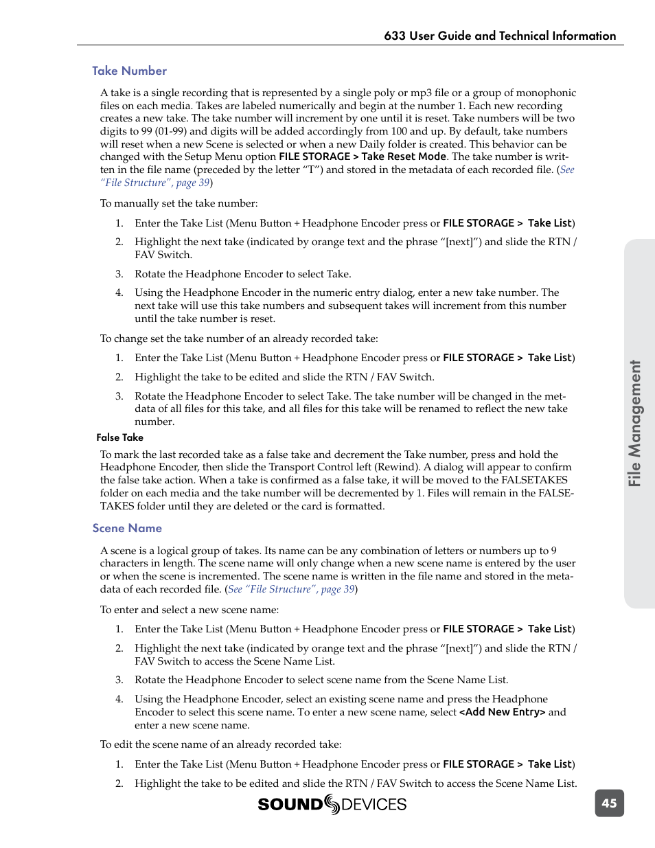 Take number, False take, Scene name | Take number false take scene name, File manag ement | Sound Devices 633 User Manual | Page 51 / 84