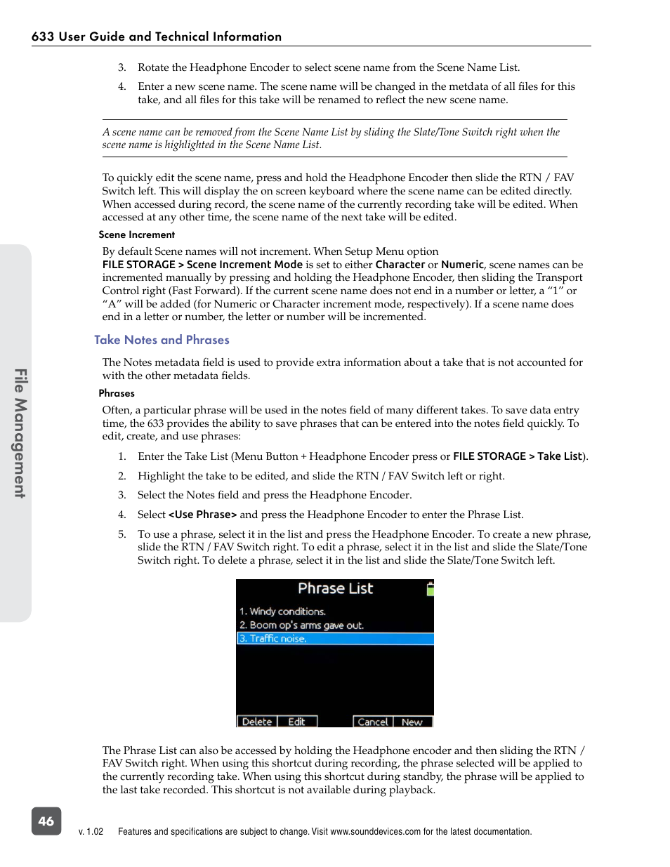 Scene increment, Take notes and phrases, Phrases | Scene increment take notes and phrases phrases, File manag ement | Sound Devices 633 User Manual | Page 52 / 84