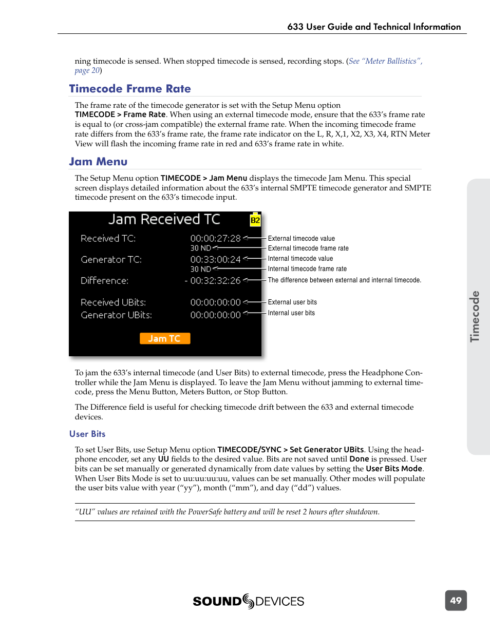 Timecode frame rate, Jam menu, Timecode frame rate jam menu | Timecode | Sound Devices 633 User Manual | Page 55 / 84
