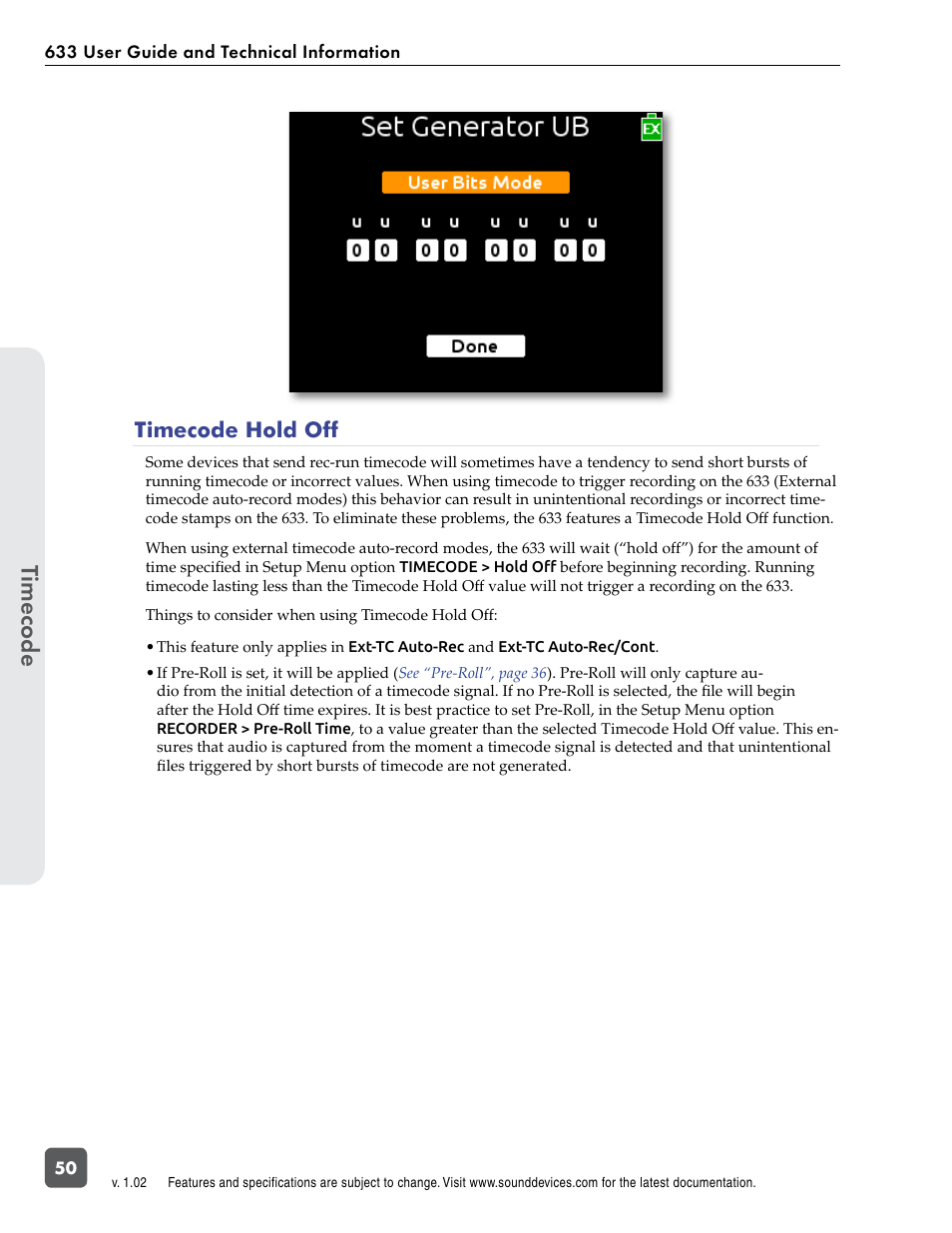 Timecode hold off, Timecode | Sound Devices 633 User Manual | Page 56 / 84