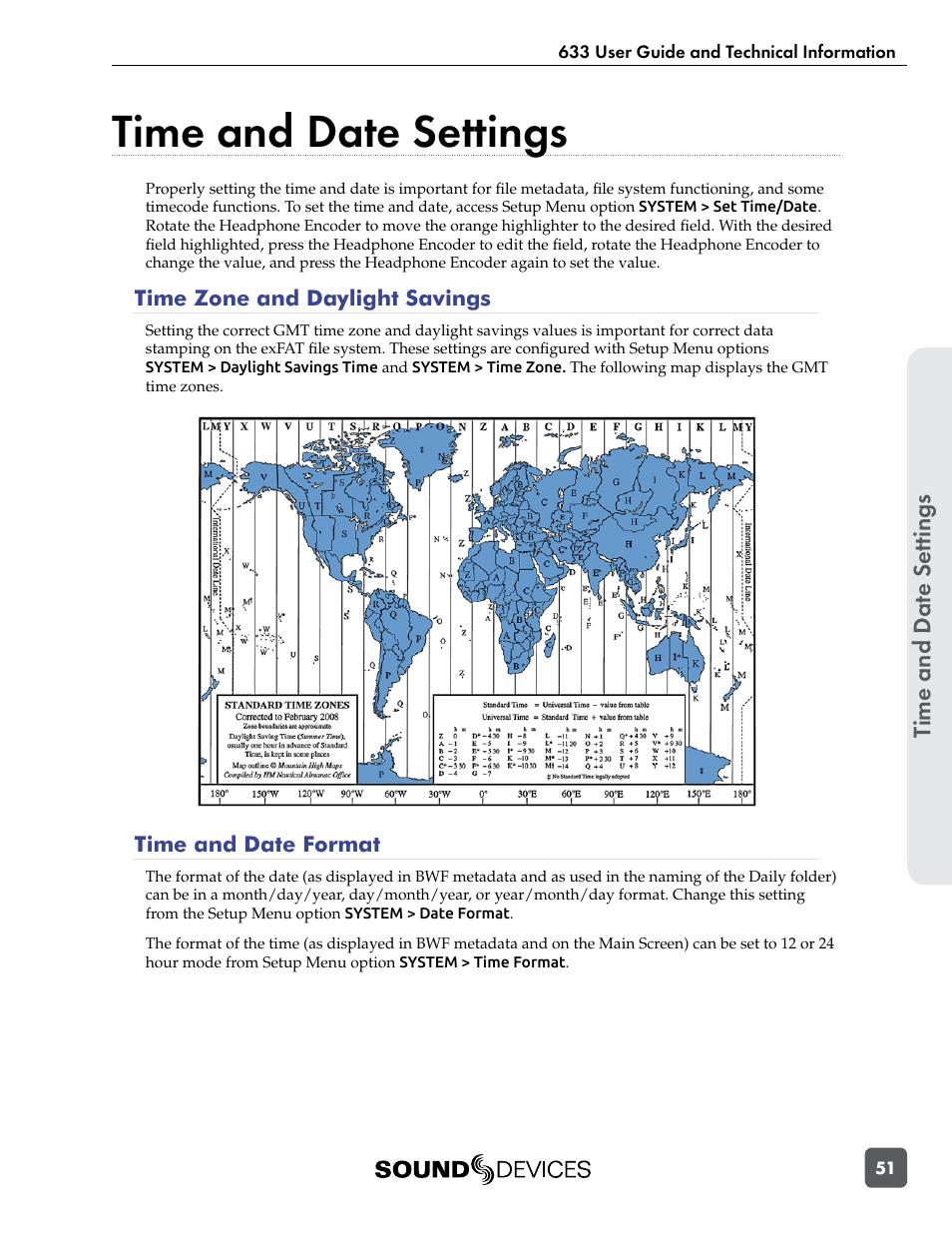 Time zone and daylight savings, Time and date format, Time and date settings | Time and dat e se ttings | Sound Devices 633 User Manual | Page 57 / 84