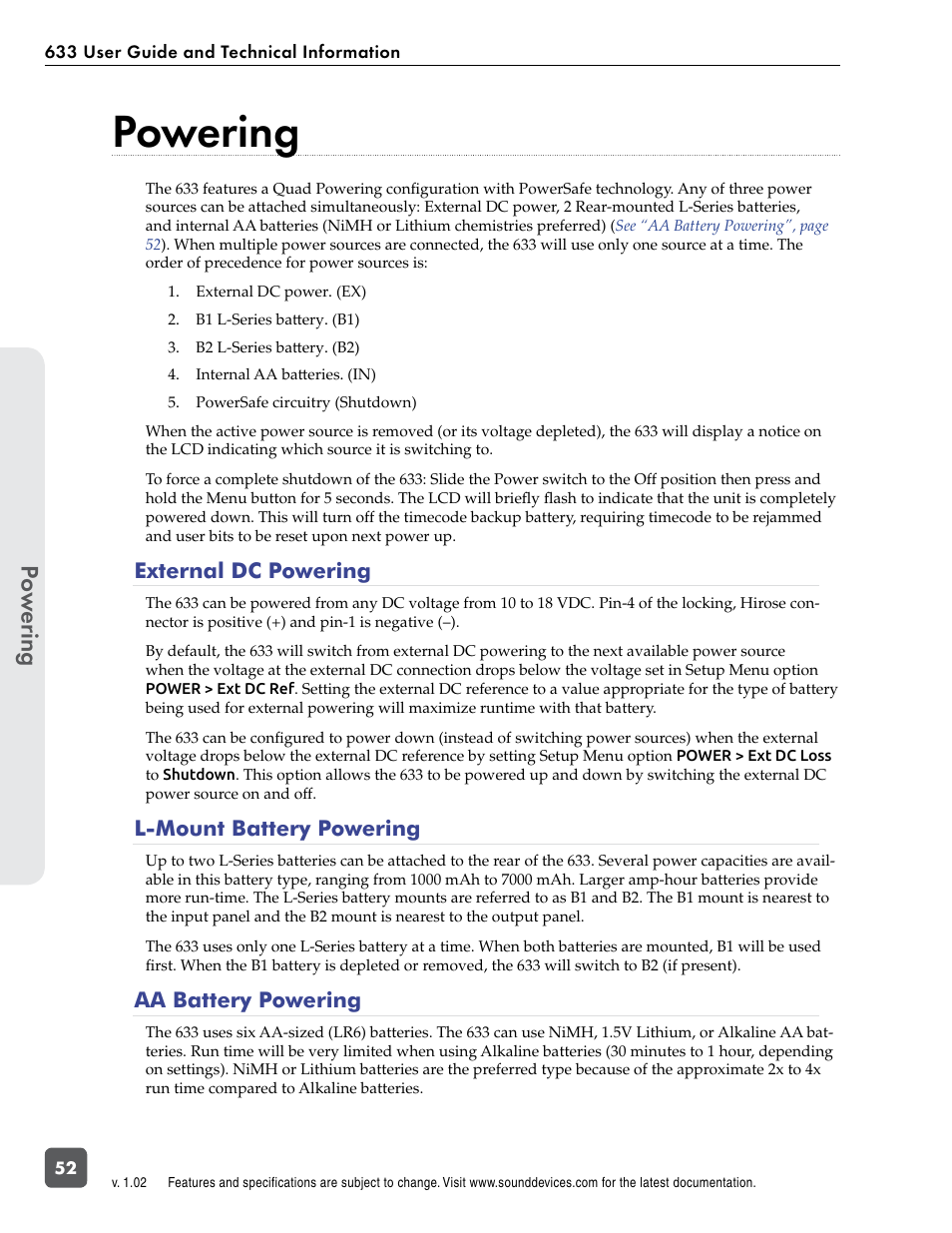Powering, External dc powering, L-mount battery powering | Aa battery powering, Voltage metering, Po w er ing | Sound Devices 633 User Manual | Page 58 / 84