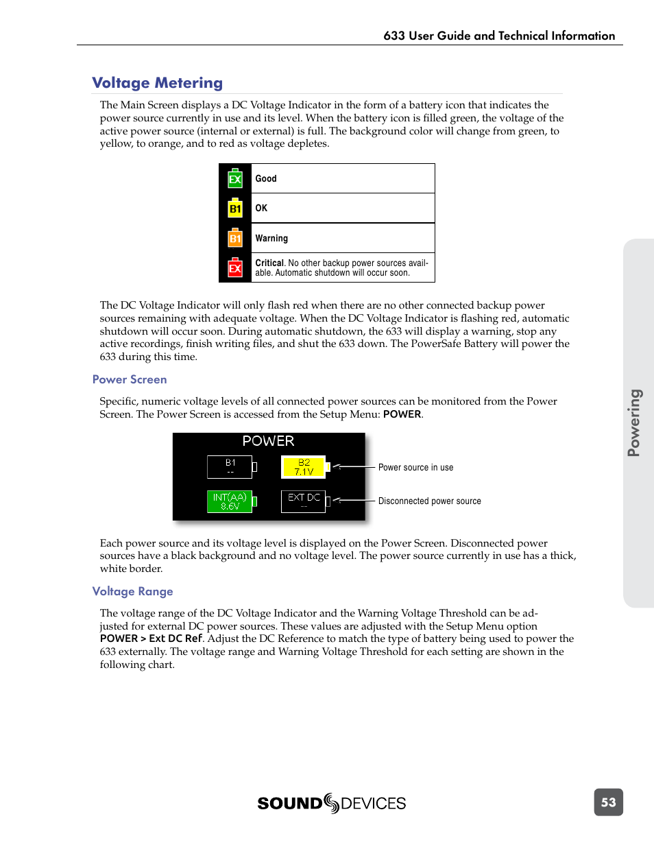 Power screen, Voltage range, Power screen voltage range | Po w er ing, Voltage metering | Sound Devices 633 User Manual | Page 59 / 84