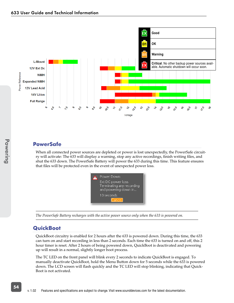 Powersafe, Quickboot, Po w er ing | Sound Devices 633 User Manual | Page 60 / 84