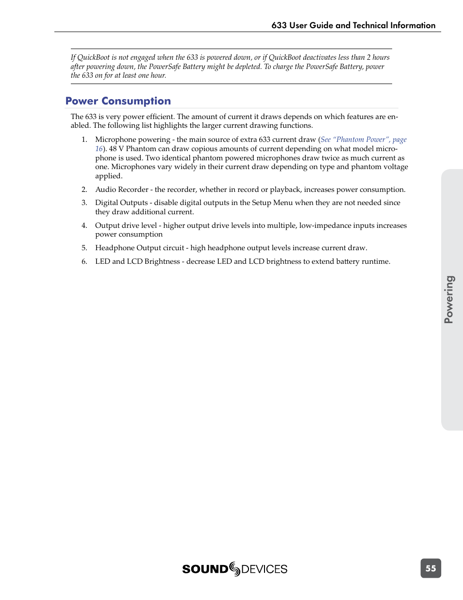 Power consumption, Po w er ing | Sound Devices 633 User Manual | Page 61 / 84