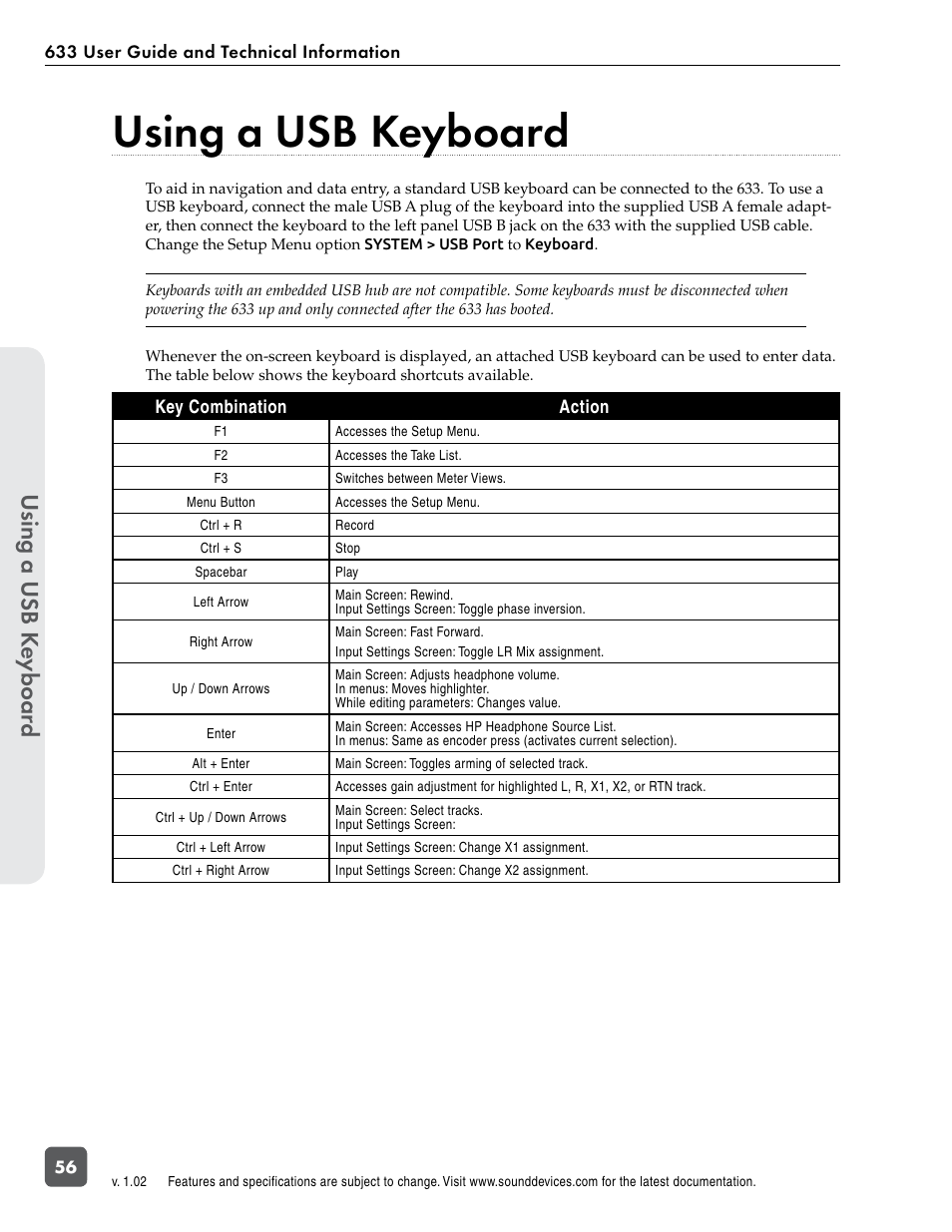 Using a usb keyboard, Using a usb k eyboar d | Sound Devices 633 User Manual | Page 62 / 84