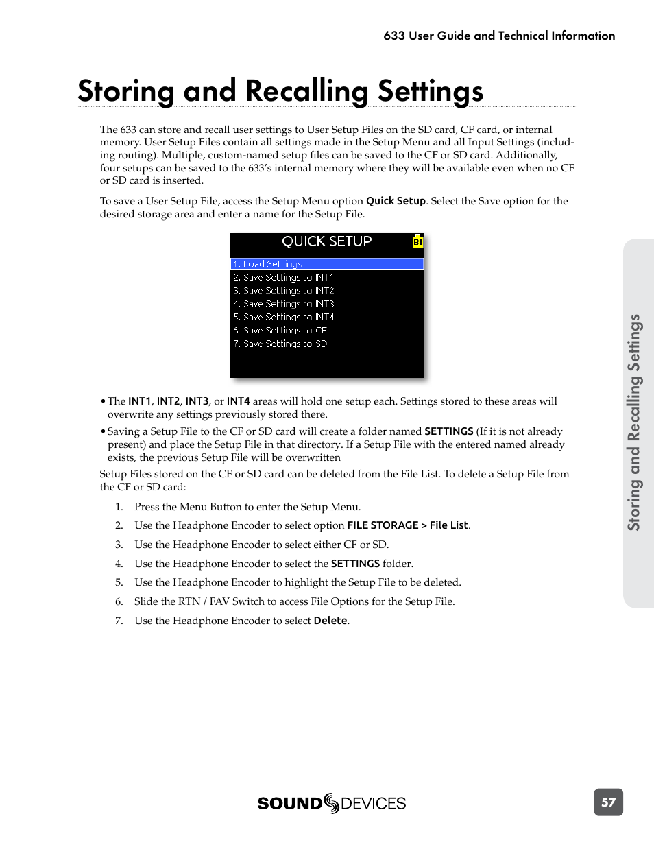 Storing and recalling settings, St or ing and r ecalling se ttings | Sound Devices 633 User Manual | Page 63 / 84