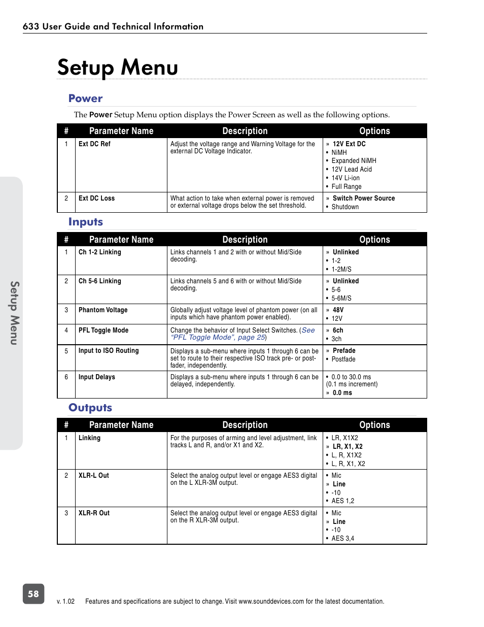Setup menu, Power, Inputs | Outputs, Power inputs outputs, Se tup menu | Sound Devices 633 User Manual | Page 64 / 84