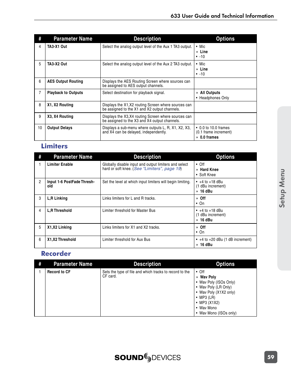 Limiters, Recorder, Limiters recorder | Se tup menu | Sound Devices 633 User Manual | Page 65 / 84