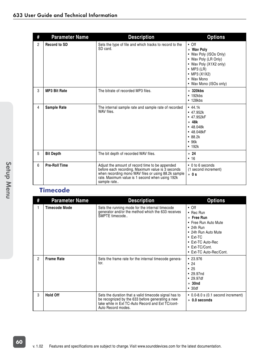 Timecode, Se tup menu | Sound Devices 633 User Manual | Page 66 / 84