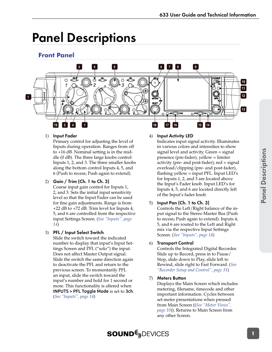 Panel descriptions, Front panel, Panel descr ip tions | Sound Devices 633 User Manual | Page 7 / 84