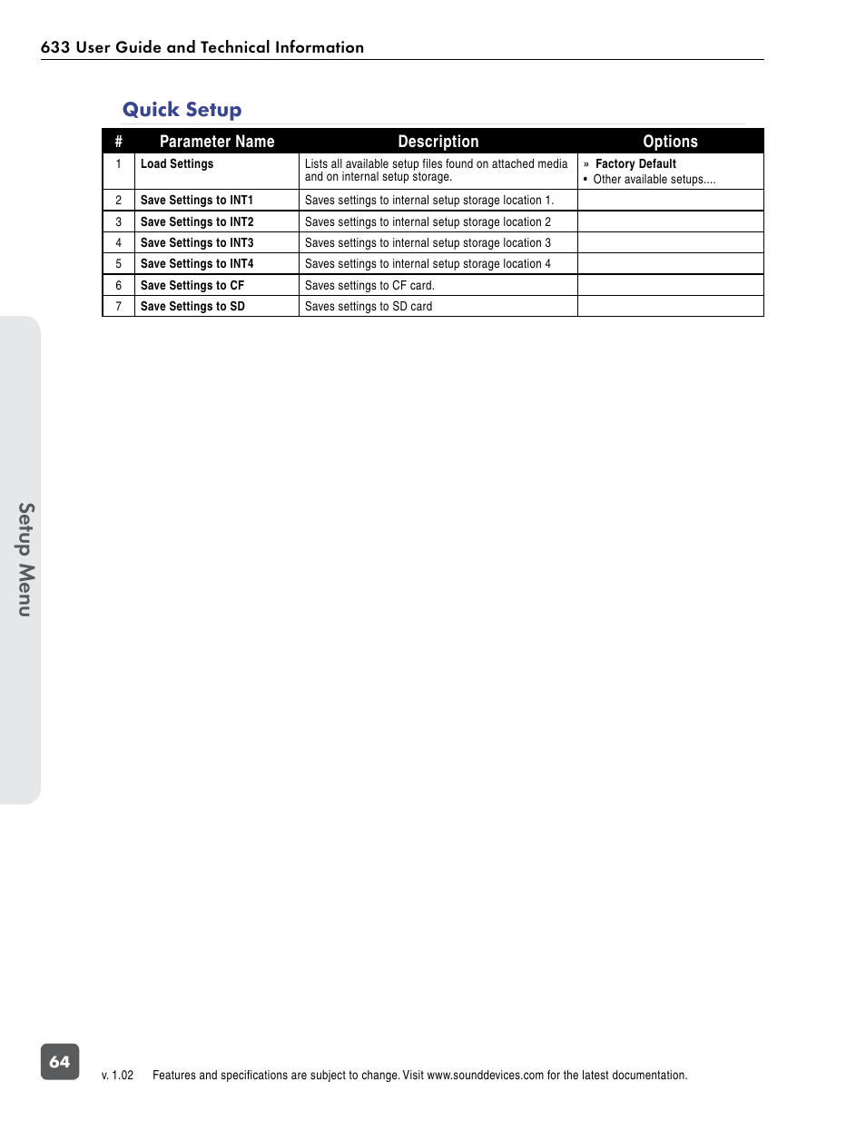 Se tup menu, Quick setup | Sound Devices 633 User Manual | Page 70 / 84