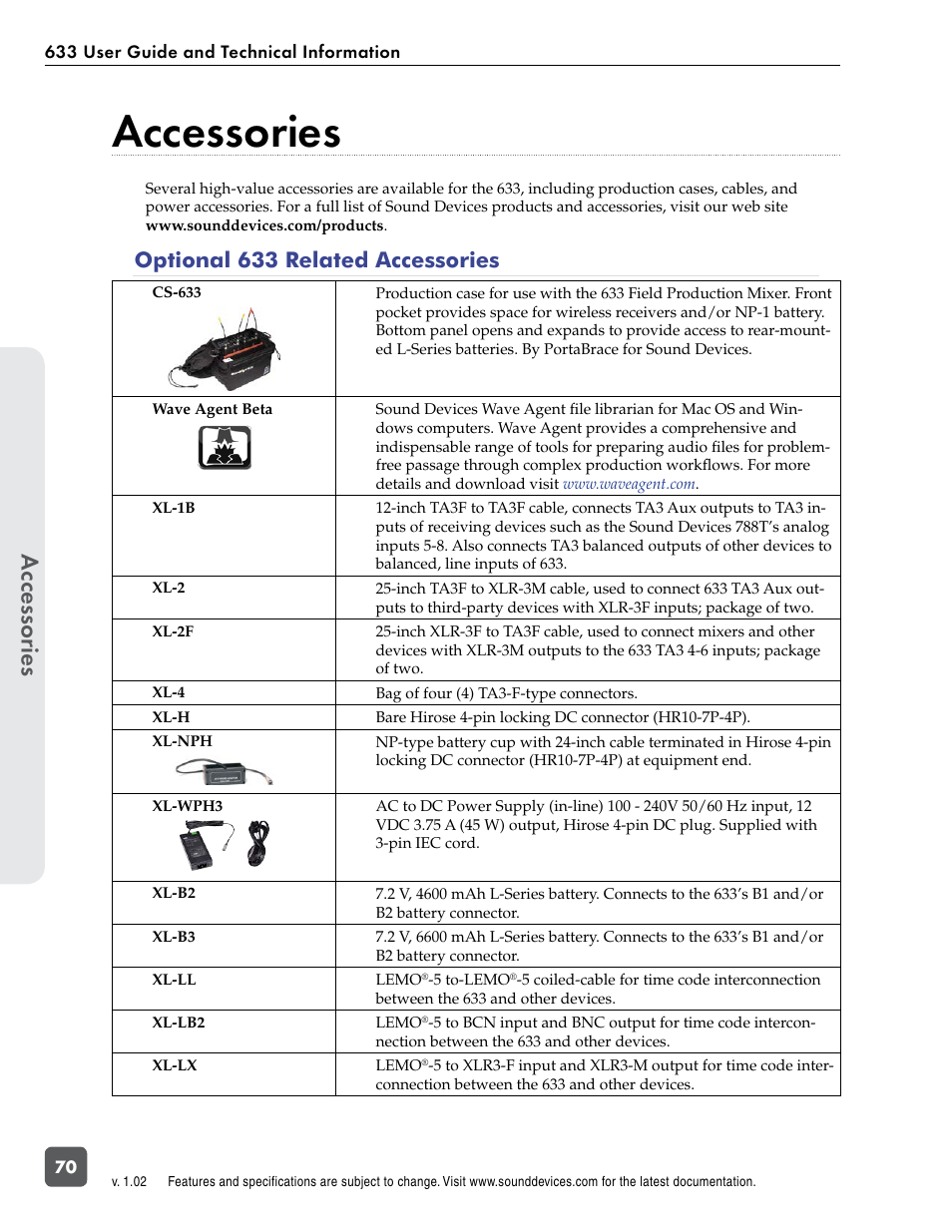 Accessories, Accessor ies, Optional 633 related accessories | Sound Devices 633 User Manual | Page 76 / 84