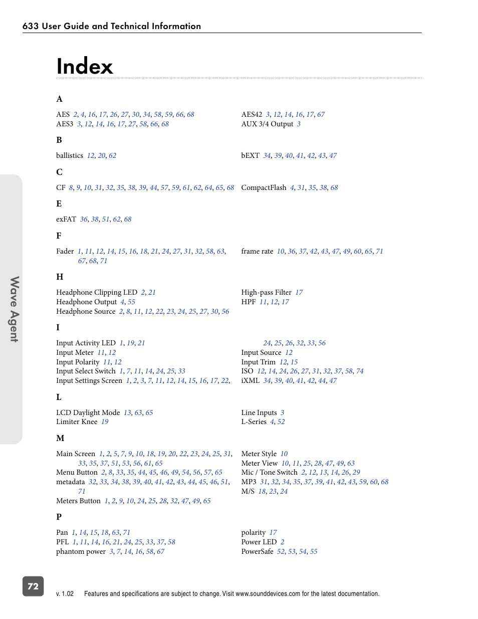 Index, Wav e a gent | Sound Devices 633 User Manual | Page 78 / 84