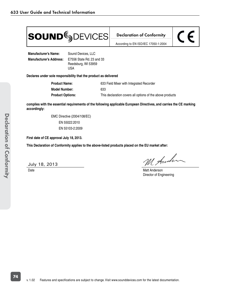 Declaration of conformity, Declar ation of confor mity | Sound Devices 633 User Manual | Page 80 / 84