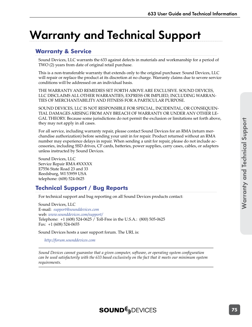 Warranty and technical support, War ranty and t ec hnical suppor t, Warranty & service | Technical support / bug reports | Sound Devices 633 User Manual | Page 81 / 84