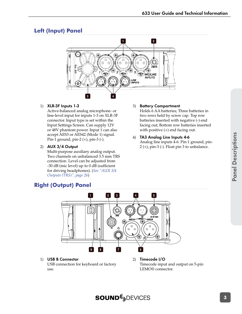 Left (input) panel, Right (output) panel, Panel descr ip tions | Sound Devices 633 User Manual | Page 9 / 84