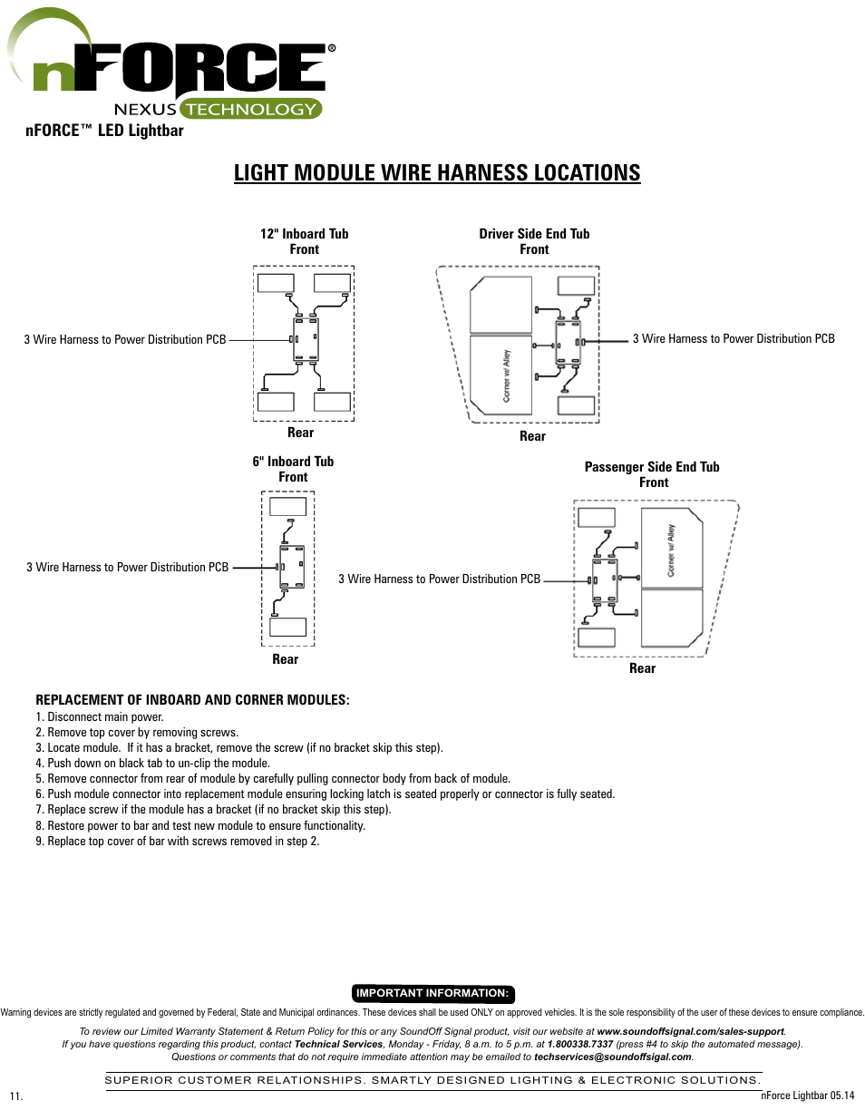 Light module wire harness locations, Nforce™ led lightbar | SoundOff Signal nFORCE LED User Manual | Page 11 / 17