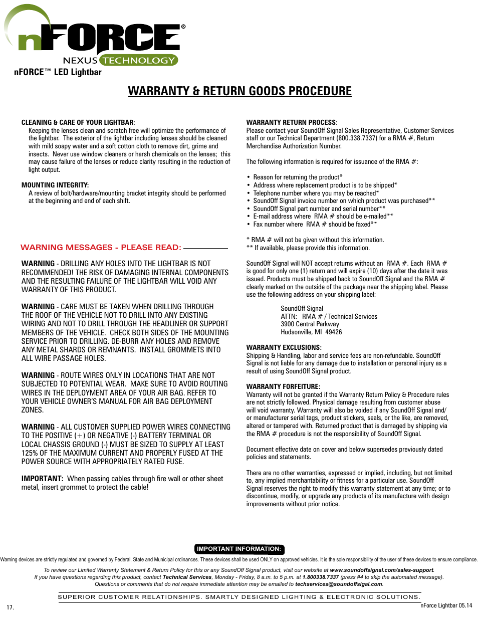 Warranty & return goods procedure, Nforce™ led lightbar | SoundOff Signal nFORCE LED User Manual | Page 17 / 17
