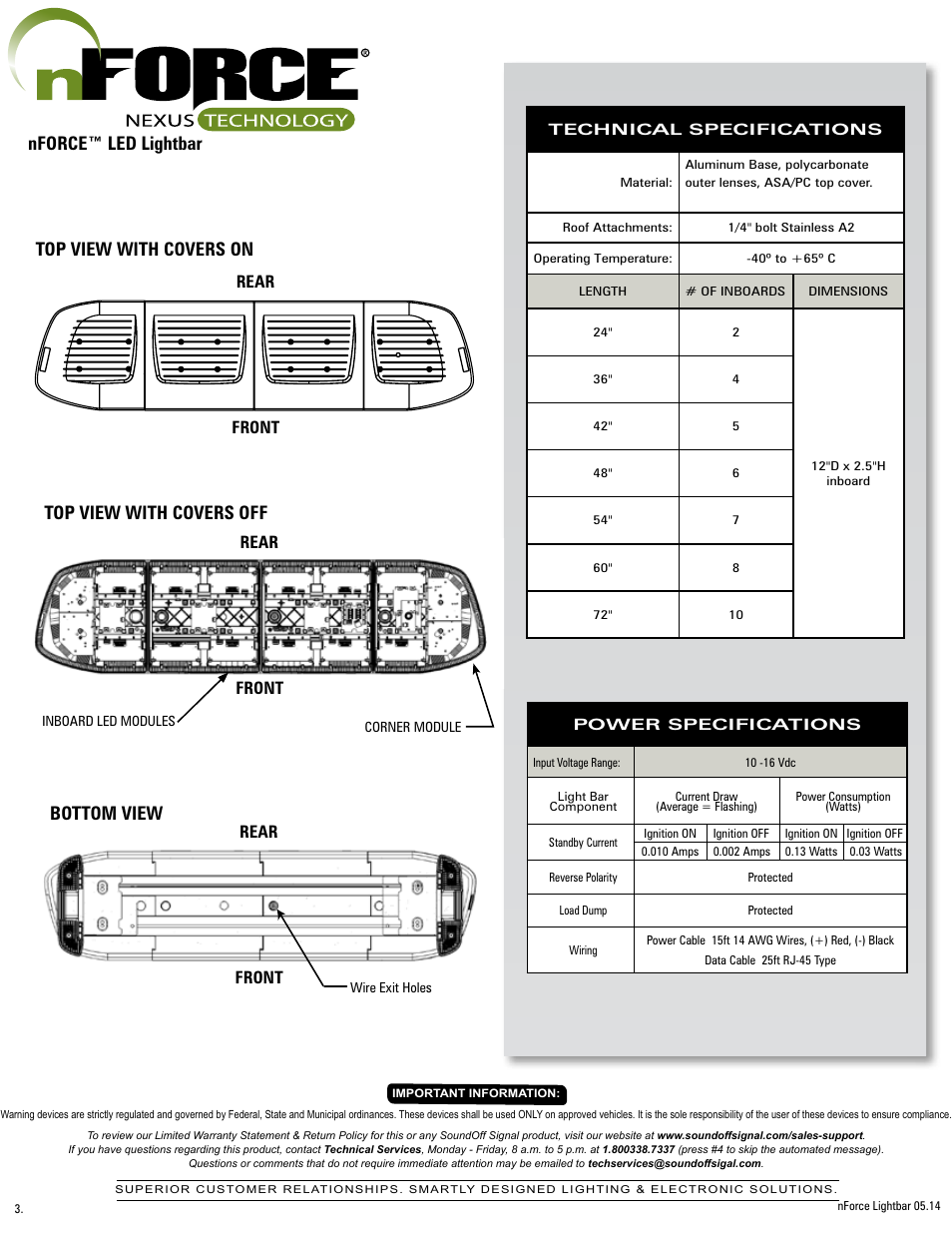 Nforce™ led lightbar, Top view with covers on, Top view with covers off | Bottom view, Rear front rear front rear front | SoundOff Signal nFORCE LED User Manual | Page 3 / 17