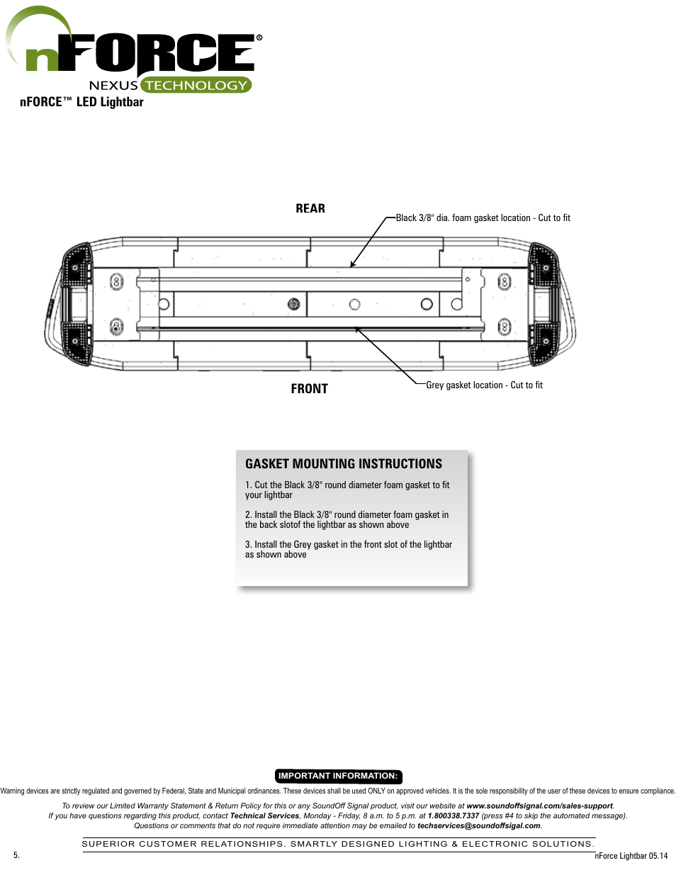 Nforce™ led lightbar, Rear, Front | Gasket mounting instructions | SoundOff Signal nFORCE LED User Manual | Page 5 / 17